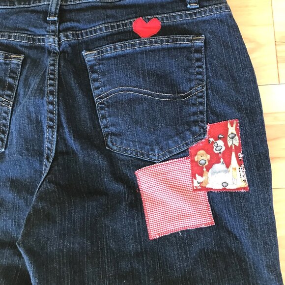 Upcycled Patchwork Jeans: Boho Distressed Denim with Puppies, Size 12 Short - Picture 7 of 13